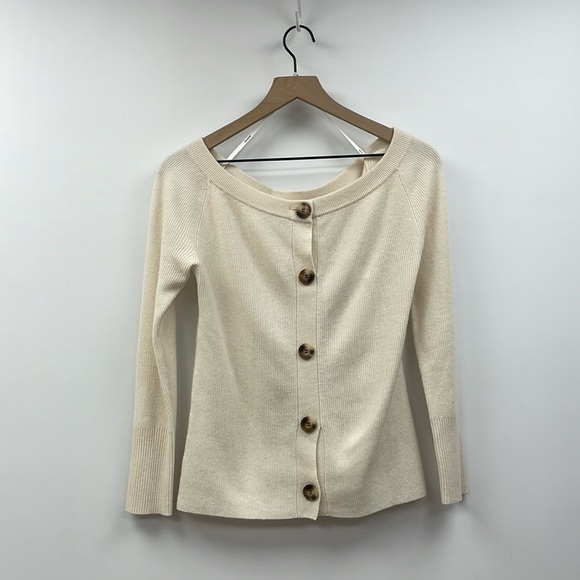 NAADAM Off The Shoulder Wool Cashmere Pullover Ribbed Knit Sweater Cream Large - Picture 3 of 10